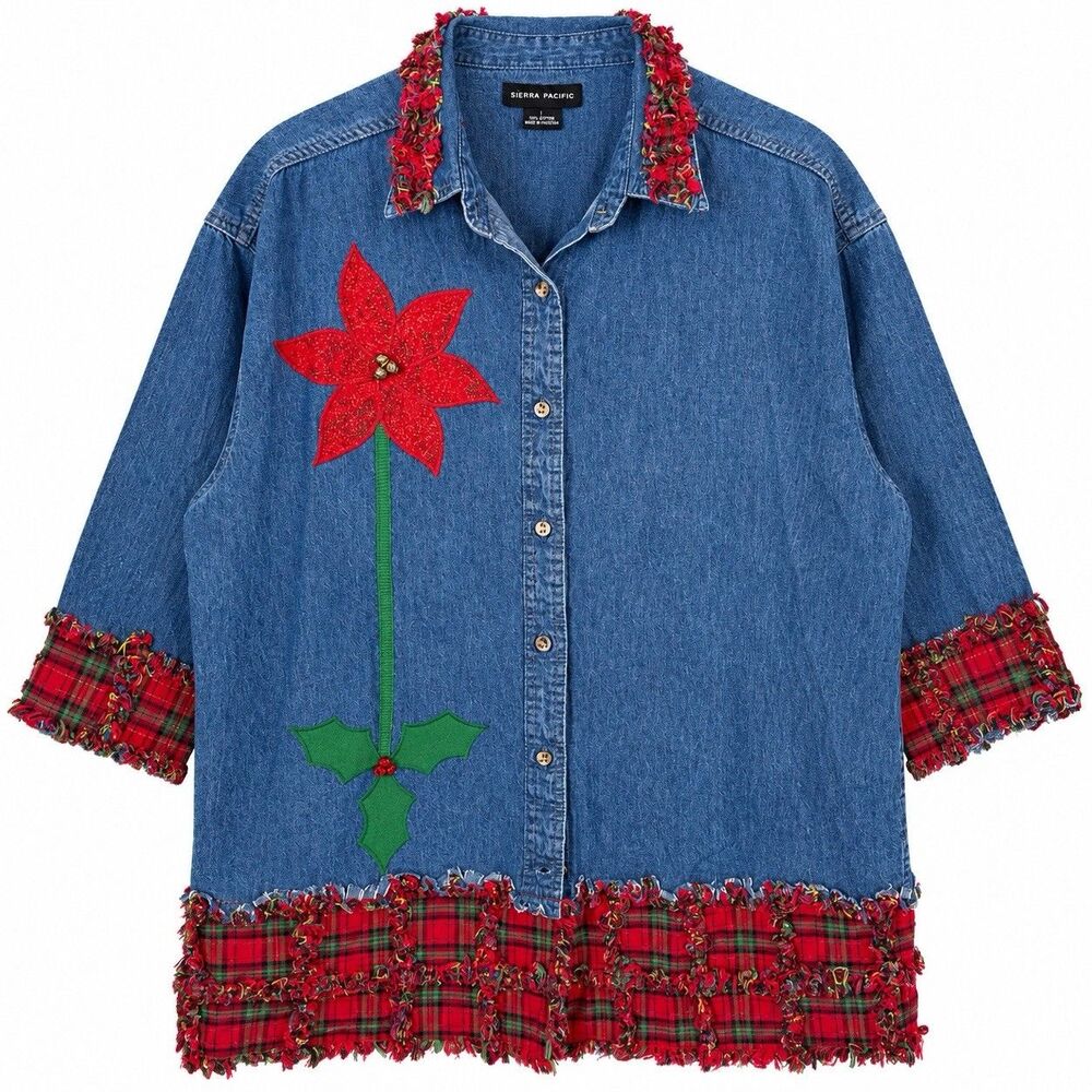 Sierra Pacific Large Denim Christmas Shirt Poinsettia Plaid Holiday Applique